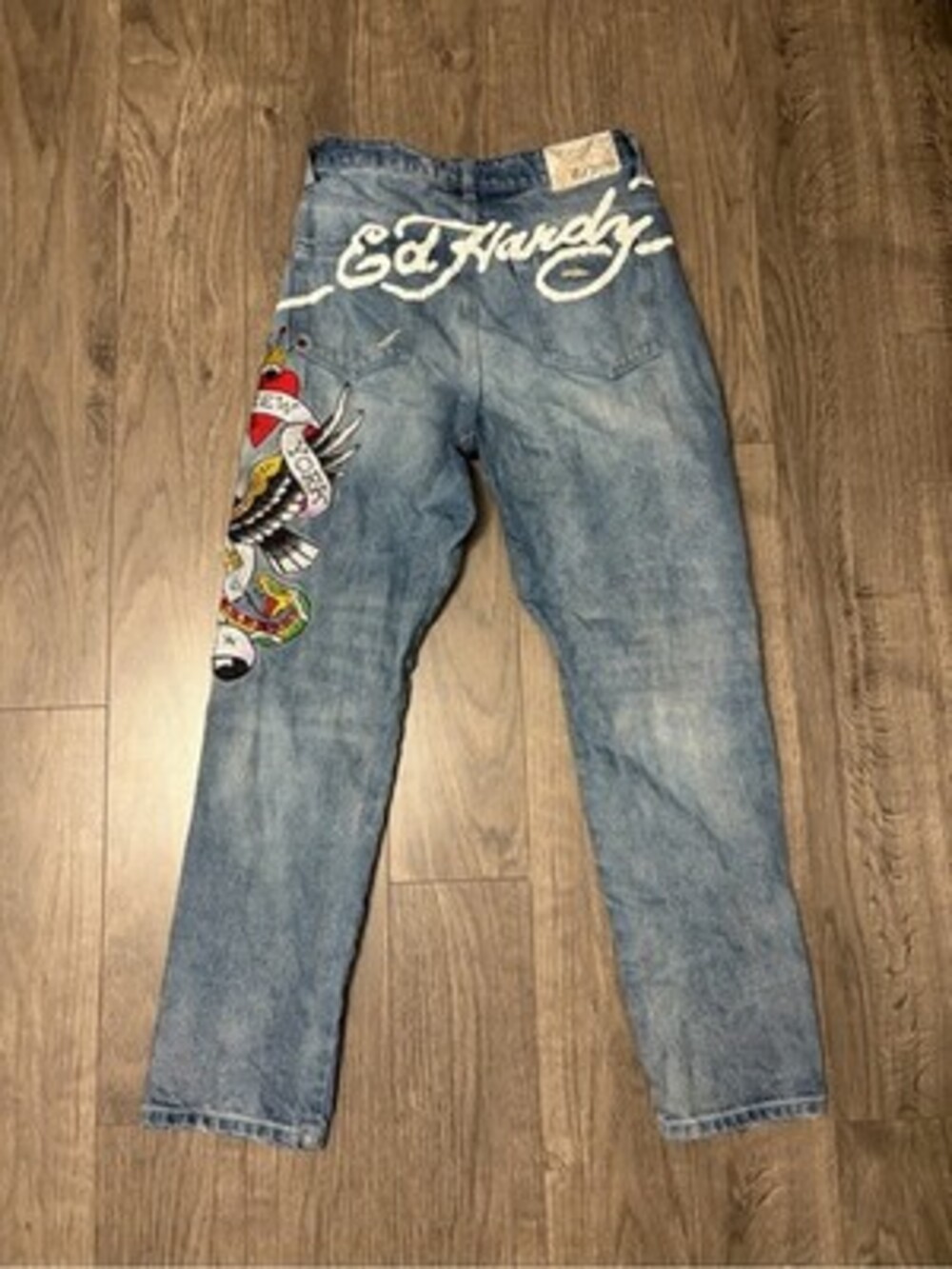 Vintage Ed Hardy Men's Light Blue Embroidered Straight Jeans
